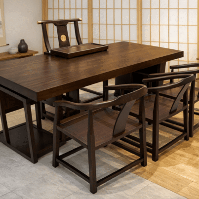 日式風深色木質餐桌保留椅子與桌面